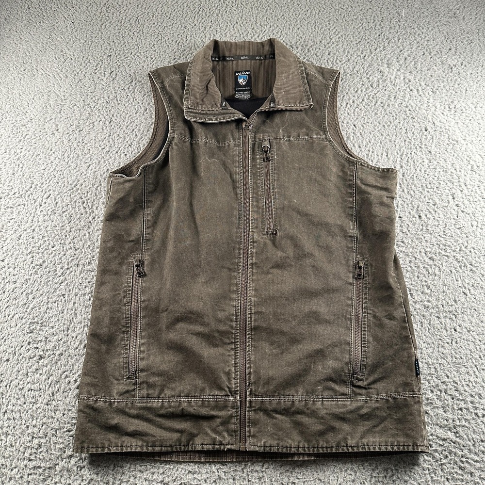 Kuhl Burr Vest Mens Small Brown Full Zip Utility Outdoor Hiking Lined Canvas